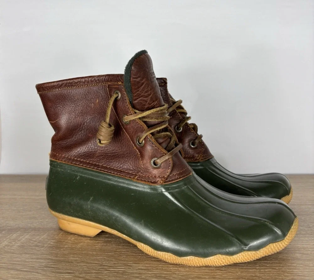 Sperry Top-Sider Duck Boots Womens 7 Brown Leather Green Waterproof Fleece Zip